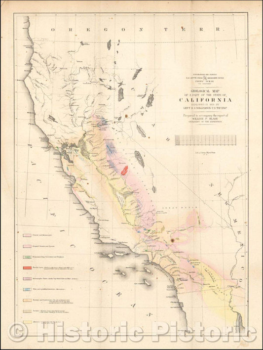 Historic Map - Geological Map of a Part of the State of California Explored in, 1853, U.S. Pacific RR Survey - Vintage Wall Art