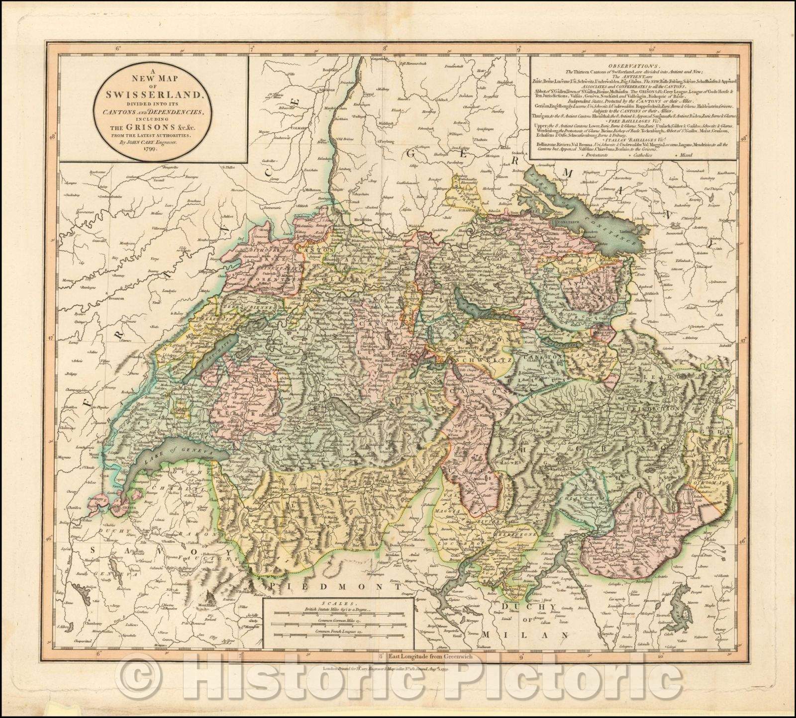 Historic Map - Swisserland Divided Into Its Cantons and Dependencies, Including The Grisons, 1799, John Cary - Vintage Wall Art