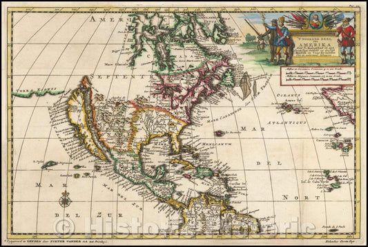 Historic Map - T Noorder Deel Van Amerika Door C. Kolumbus in zyn Eerste Togt Ontdekt en dessefs Kusten en Voor-Eylanden Een en andermaal, 1707 v1