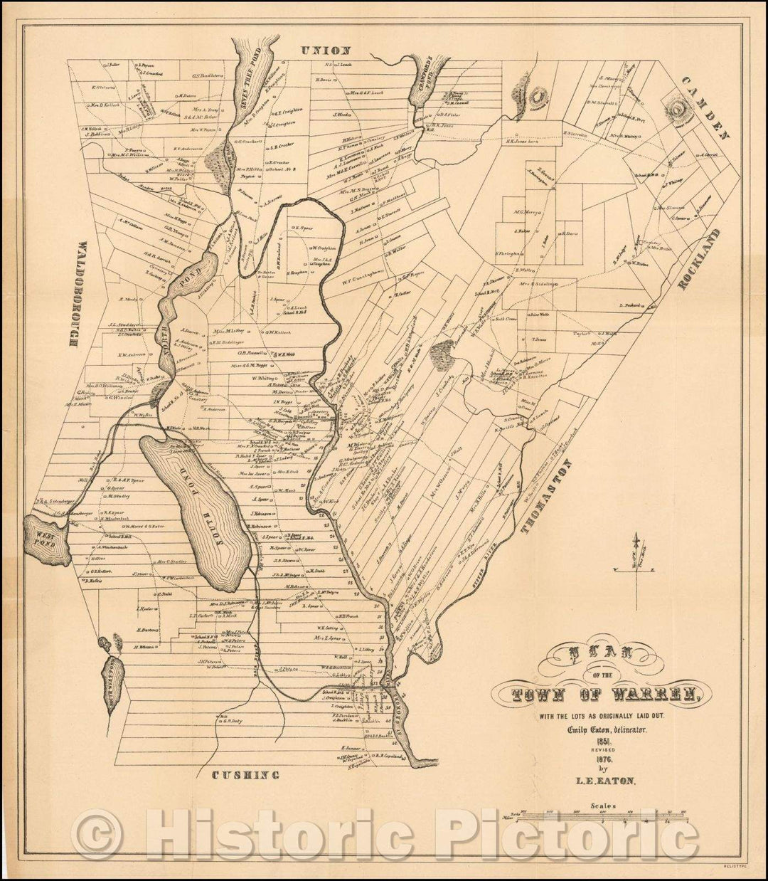 Historic Map - Plan of the Town of Warren with the Lots as Originally Laid Out. Emily Eaton, Delineator. 1851, Revised 1876, 1876, Emily Eaton - Vintage Wall Art
