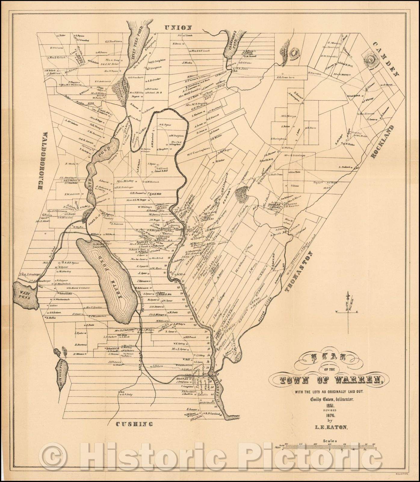 Historic Map - Plan of the Town of Warren with the Lots as Originally Laid Out. Emily Eaton, Delineator. 1851, Revised 1876, 1876, Emily Eaton - Vintage Wall Art