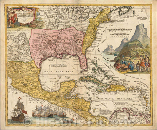 Historic Map - Regni Mexicani seu Novae Hispaniae Ludovicianae N. Angliae, Carolinae, Virginia, et Pennsylvaniae :: De L'Isle's landmark of Mexico and Florida, 1712 - Vintage Wall Art