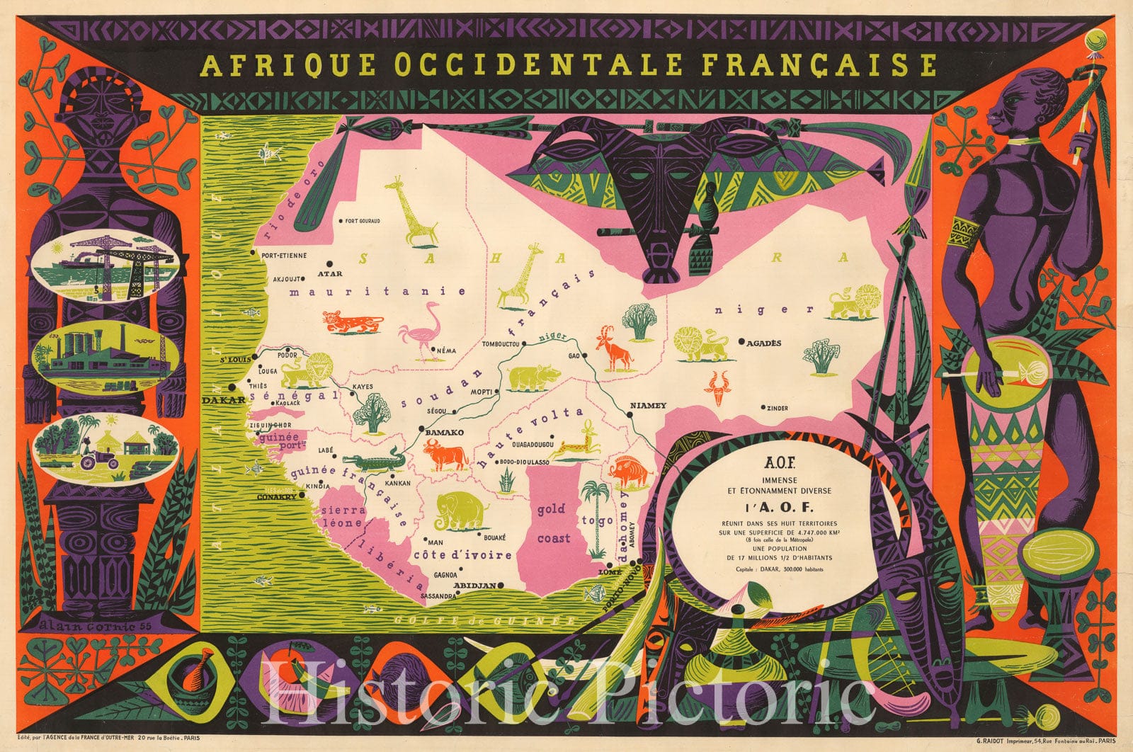 Historic Map - Afrique Occidentale Francaise/Poster Map, French Equatorial Africa, 1945, Alain Cornic - Vintage Wall Art