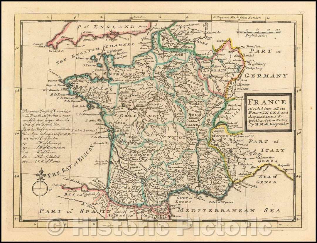 Historic Map - France Divided into all its Provinces and Aquisitions, 1730, Herman Moll - Vintage Wall Art