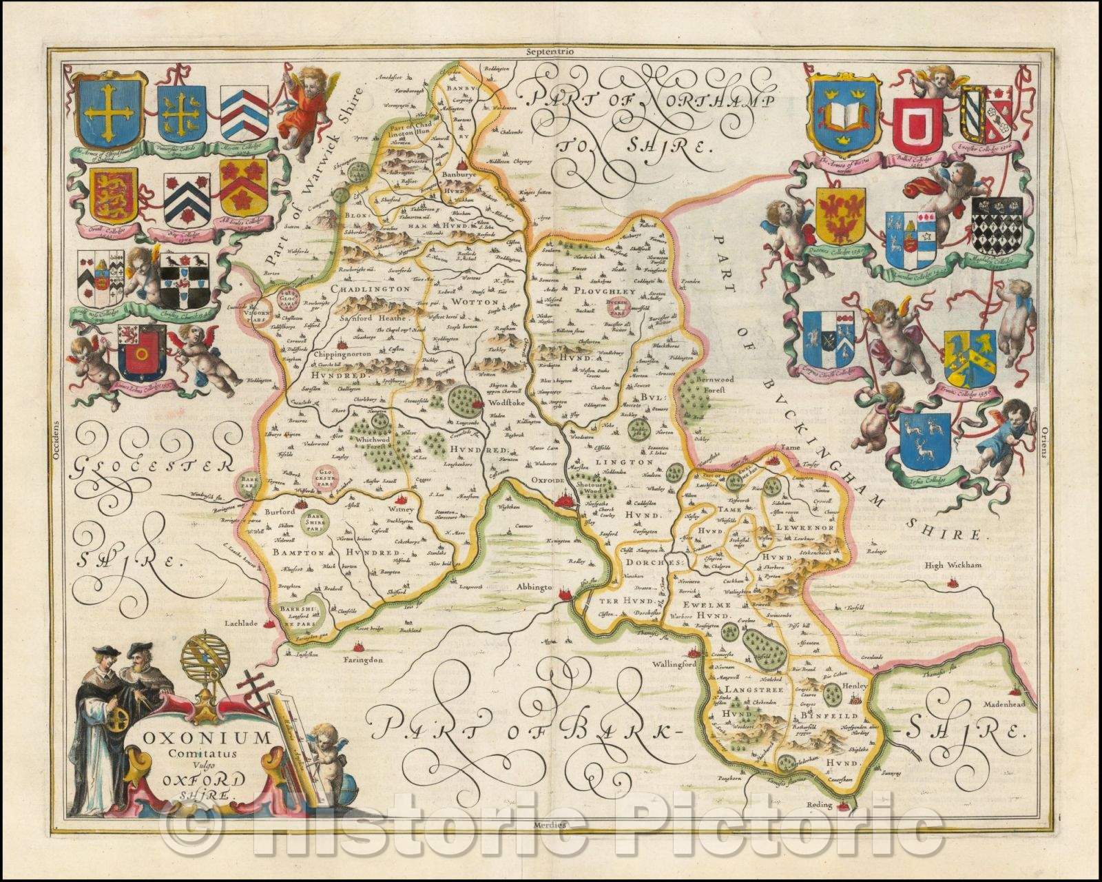 Historic Map - Oxonium Comitatus Vulgo Oxford Shire/Map of the County of Oxford, 1646, Jan Jansson - Vintage Wall Art