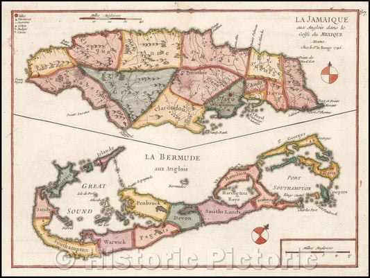 Historic Map - La Jamaique, 1746, George Louis Le Rouge - Vintage Wall Art