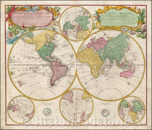 Historic Map - Planiglobii Terrestris Mappa Universalis Utrumqs Hemisphaerium Orient et Occidentale, 1746, Homann Heirs - Vintage Wall Art