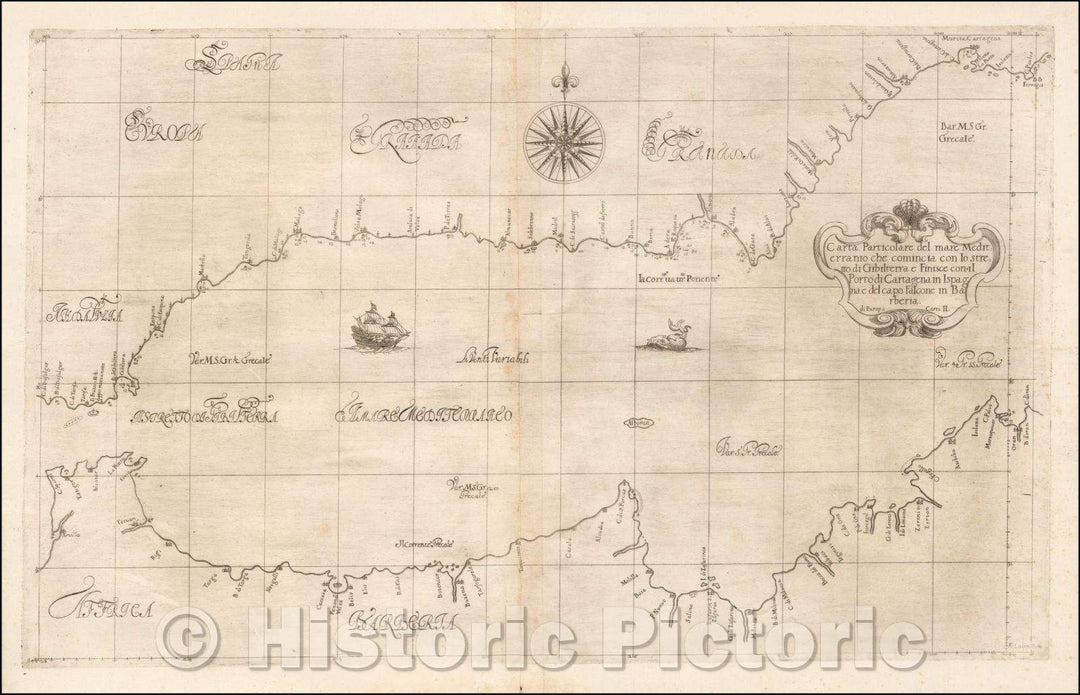 Historic Map - Carta Particolare del Mare Mediterranio che Comincia con lo Stretto di Gibi :: Sea Chart, straits of Gibralter, coast of Spain, North Africa, 1646 - Vintage Wall Art