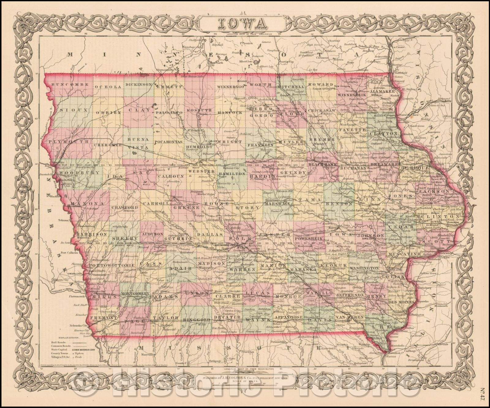 Historic Map - Iowa, 1859, Joseph Hutchins Colton - Vintage Wall Art
