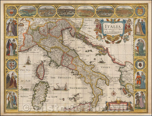 Historic Map - Italia Newly augmented, 1651, John Speed - Vintage Wall Art