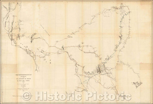 Historic Map - Reconnoissances of Routes from San Antonio De Bexar, El Paso Del Norte, 1849, U.S. Army Corps of Topographical Engineer - Vintage Wall Art