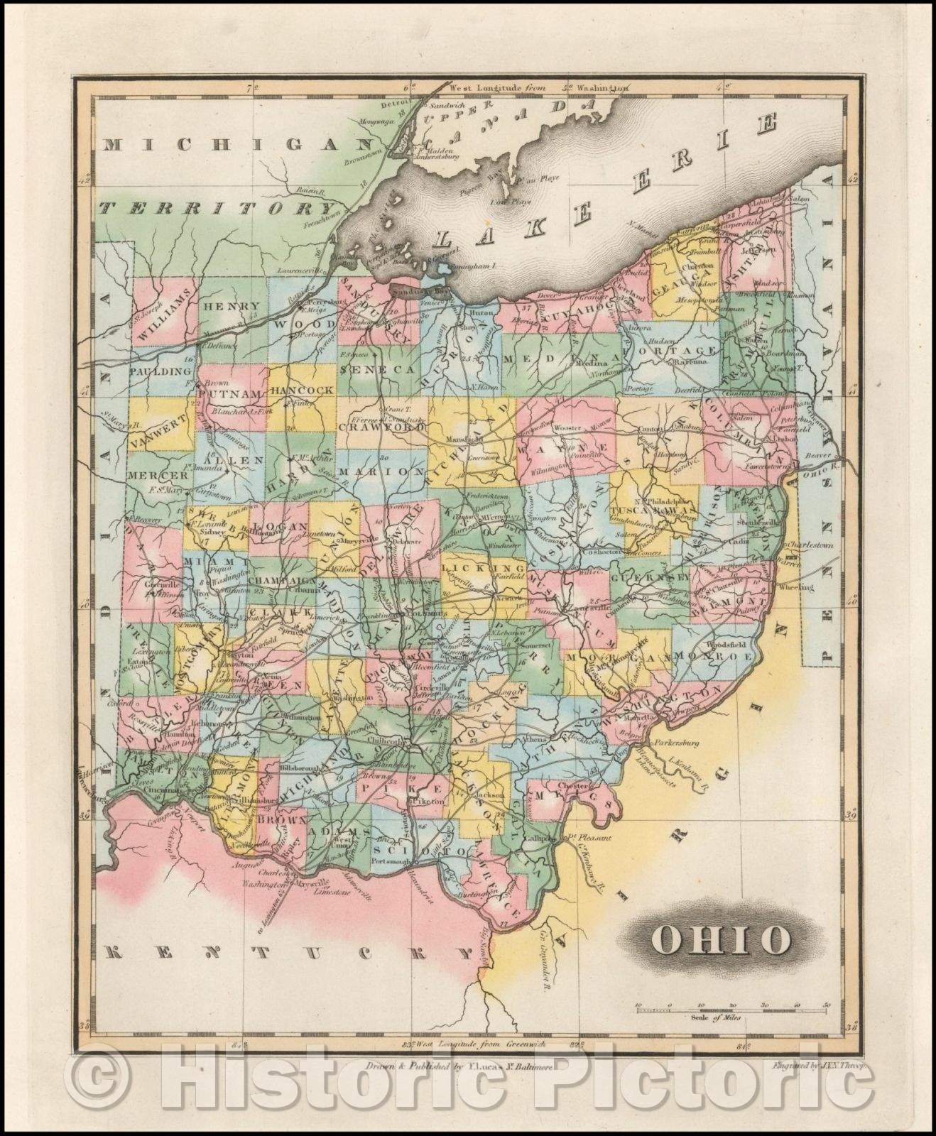 Historic Map - Ohio, 1823, Fielding Lucas Jr. - Vintage Wall Art