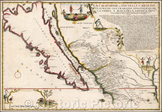 Historic Map - La Californie ou Nouvelle Caroline, Teatro De Los Trabajos Apostolicos De Compa. E. Jusus En Americae Septe, 1720, Nicolas de Fer - Vintage Wall Art