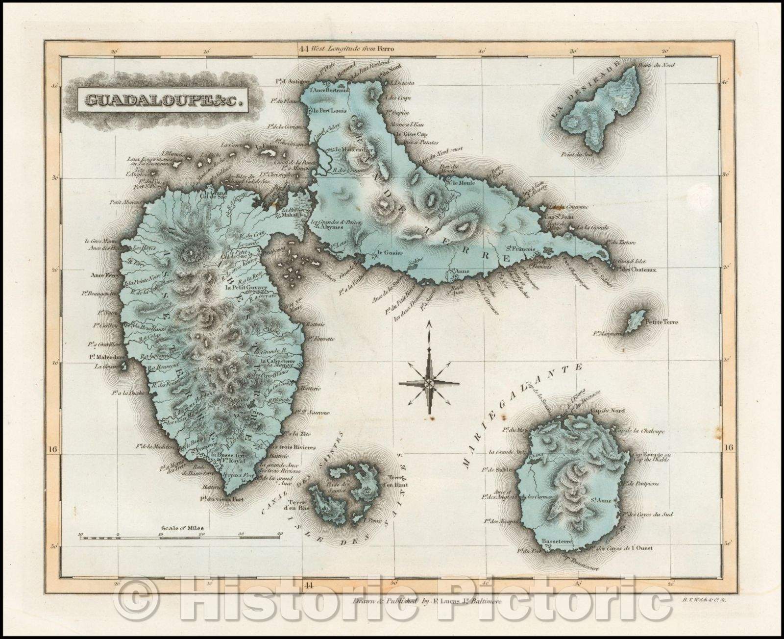 Historic Map - Guadalupe Marie Galante, Isle Des Saintes, La Desirade, 1823, Fielding Lucas Jr. v2