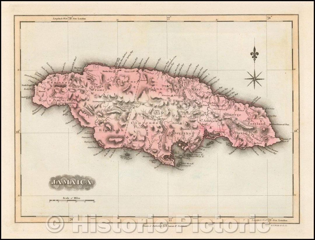 Historic Map - Jamaica, 1823, Fielding Lucas Jr. - Vintage Wall Art
