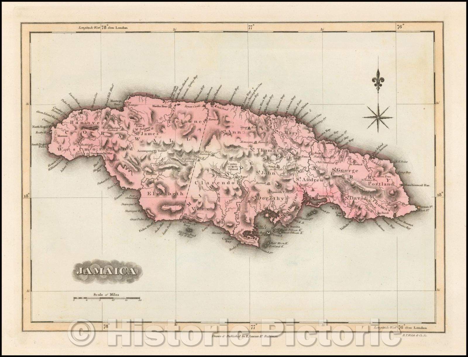 Historic Map - Jamaica, 1823, Fielding Lucas Jr. - Vintage Wall Art
