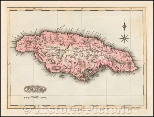 Historic Map - Jamaica, 1823, Fielding Lucas Jr. - Vintage Wall Art