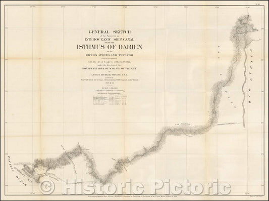 Historic Map - General Sketch of the Survey for an Interoceanic Ship Canal near the Isthmus of Darien via the Rivers Atrato and Truando, 1866, Bowen & Co. - Vintage Wall Art