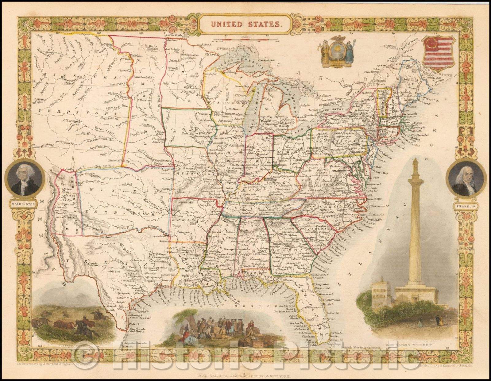 Historic Map - United States, 1851, John Tallis - Vintage Wall Art