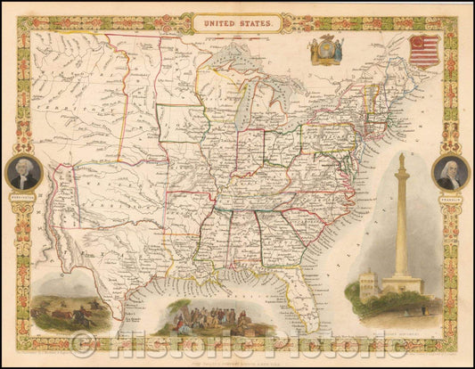 Historic Map - United States, 1851, John Tallis - Vintage Wall Art