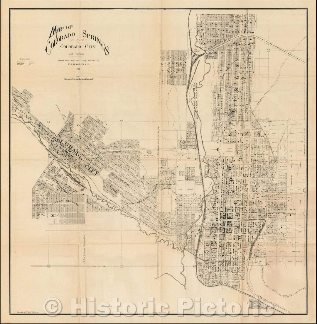 Historic Map - Map of Colorado Springs Colorado City and Vicinity -, 1889, Edward Royal Warren - Vintage Wall Art