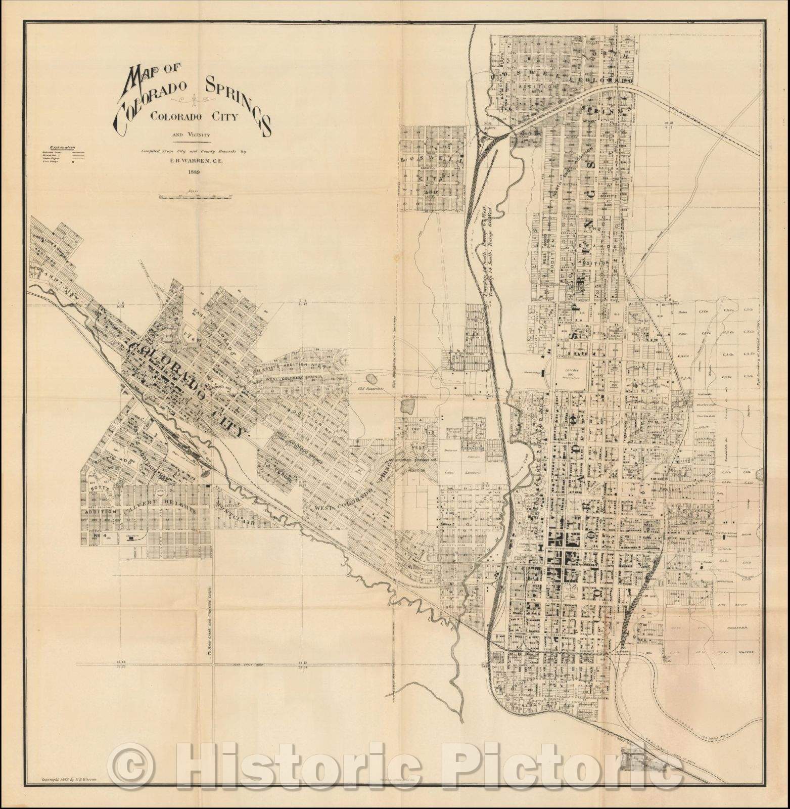 Historic Map - Map of Colorado Springs Colorado City and Vicinity -, 1889, Edward Royal Warren - Vintage Wall Art