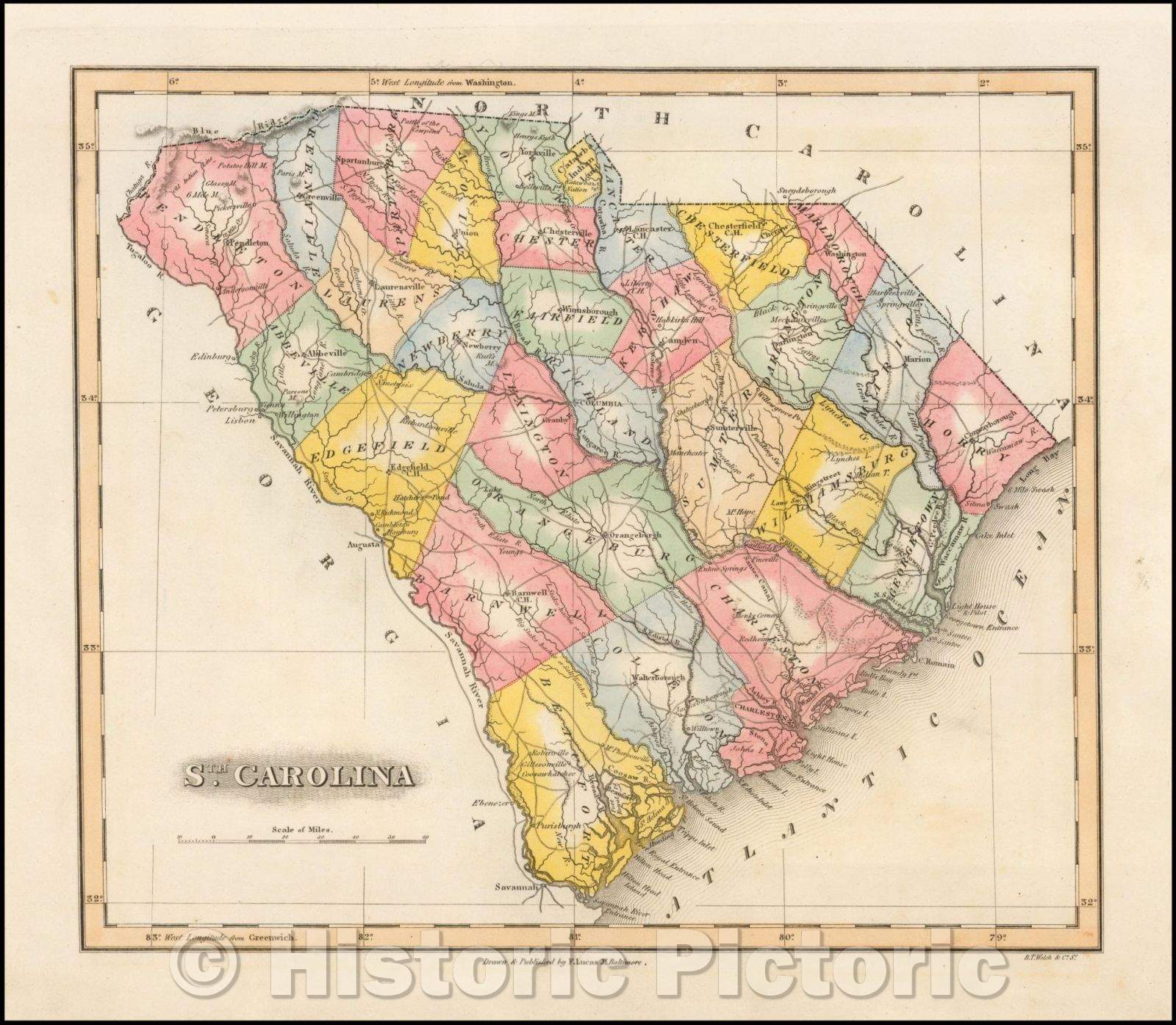 Historic Map - Sth. Carolina, 1823, Fielding Lucas Jr. - Vintage Wall Art