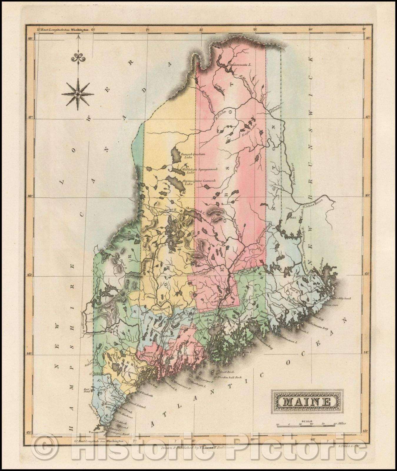 Historic Map - Maine, 1823, Fielding Lucas Jr. - Vintage Wall Art