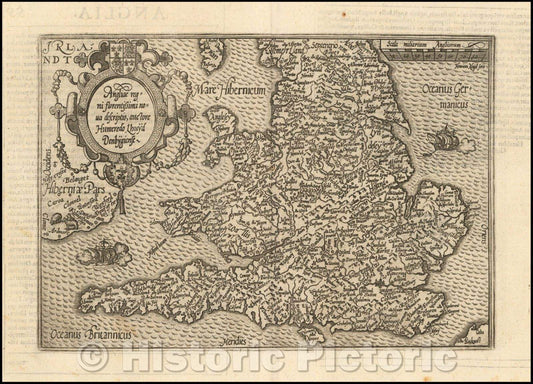 Historic Map - Angliae Regni Florentissimi Nova Descriptio Auctore Humfredo Lhuyd Denbygiense, 1593, Matthias Quad - Vintage Wall Art
