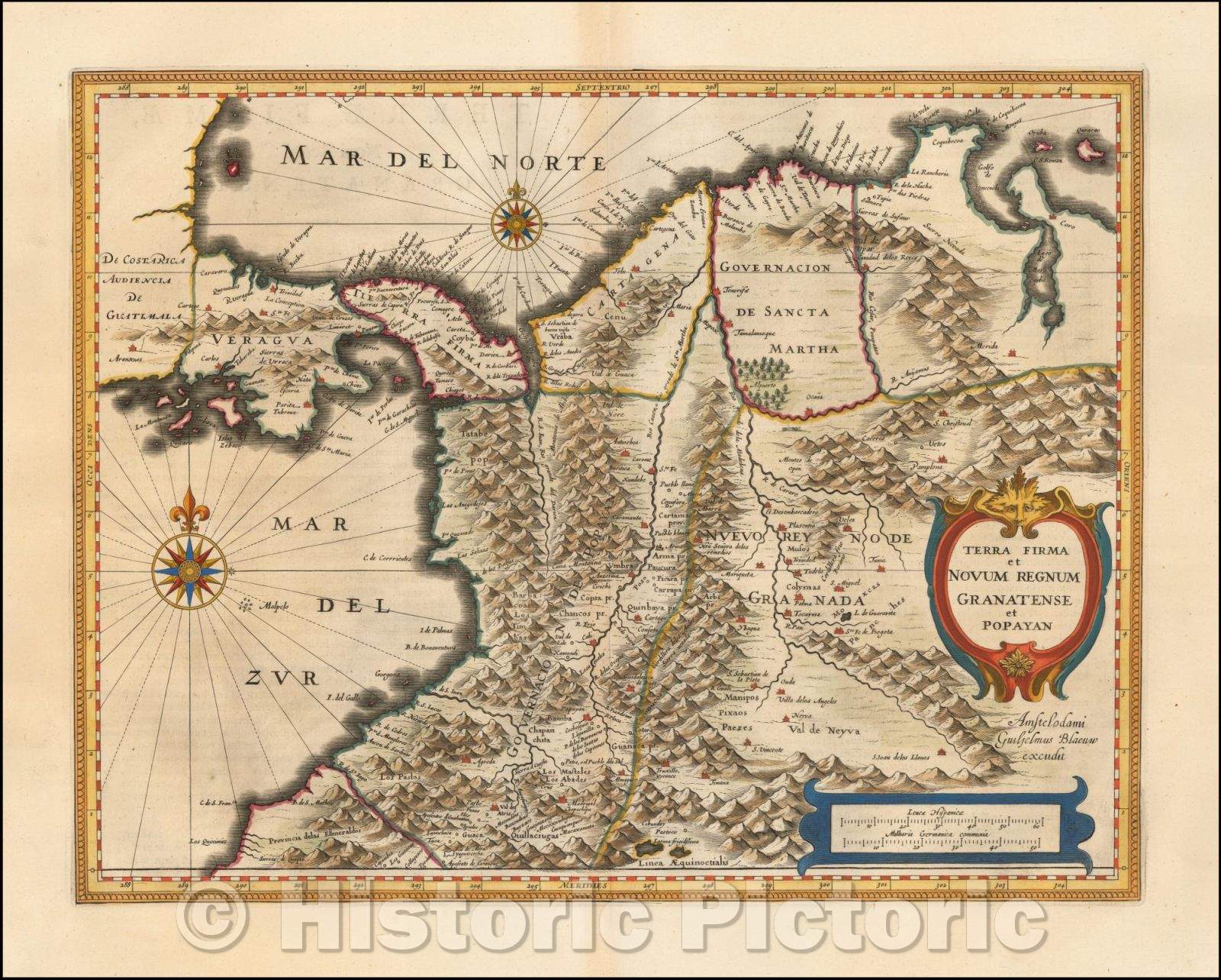 Historic Map - Terra Firma et Novum Regnum Granatense et Popayan, 1635, Willem Janszoon Blaeu - Vintage Wall Art