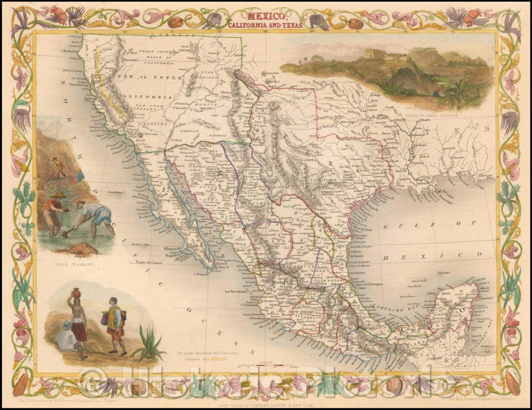 Historic Map - Mexico, California and Texas (with Gold Rush Vignette), 1851, John Tallis v1