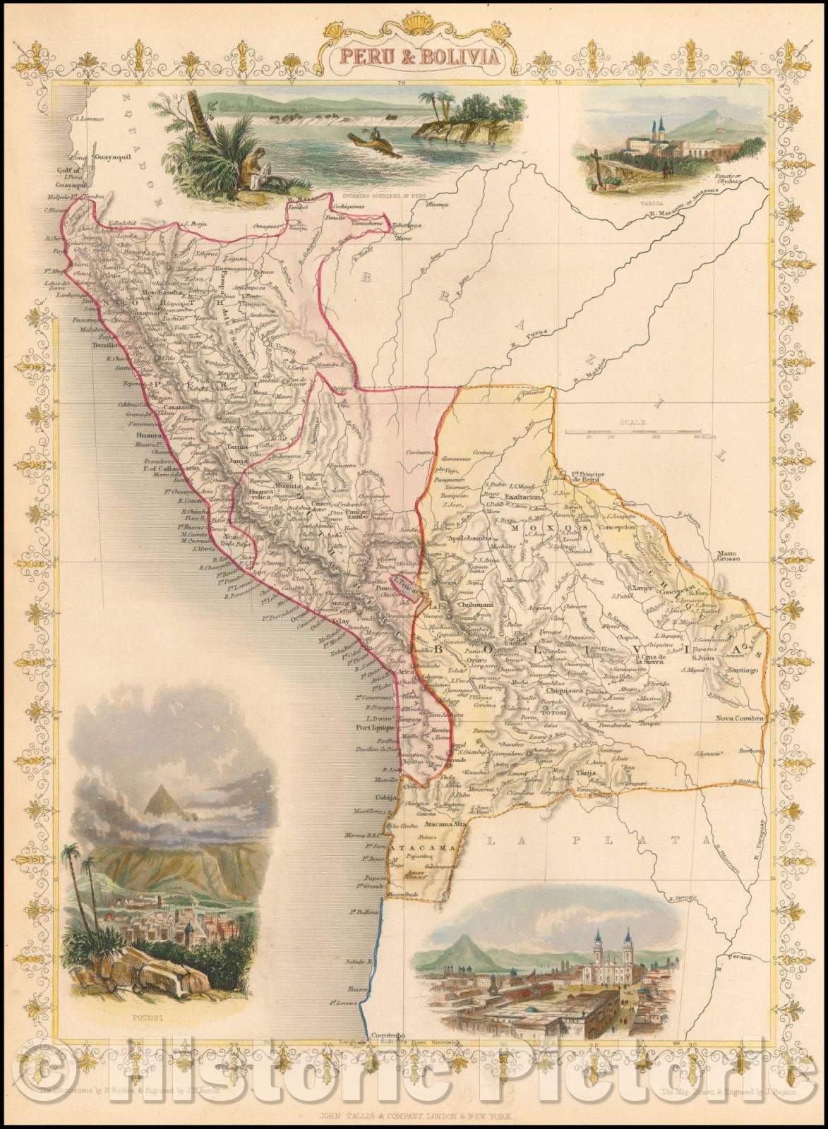 Historic Map - Peru & Bolivia, 1851, John Tallis - Vintage Wall Art