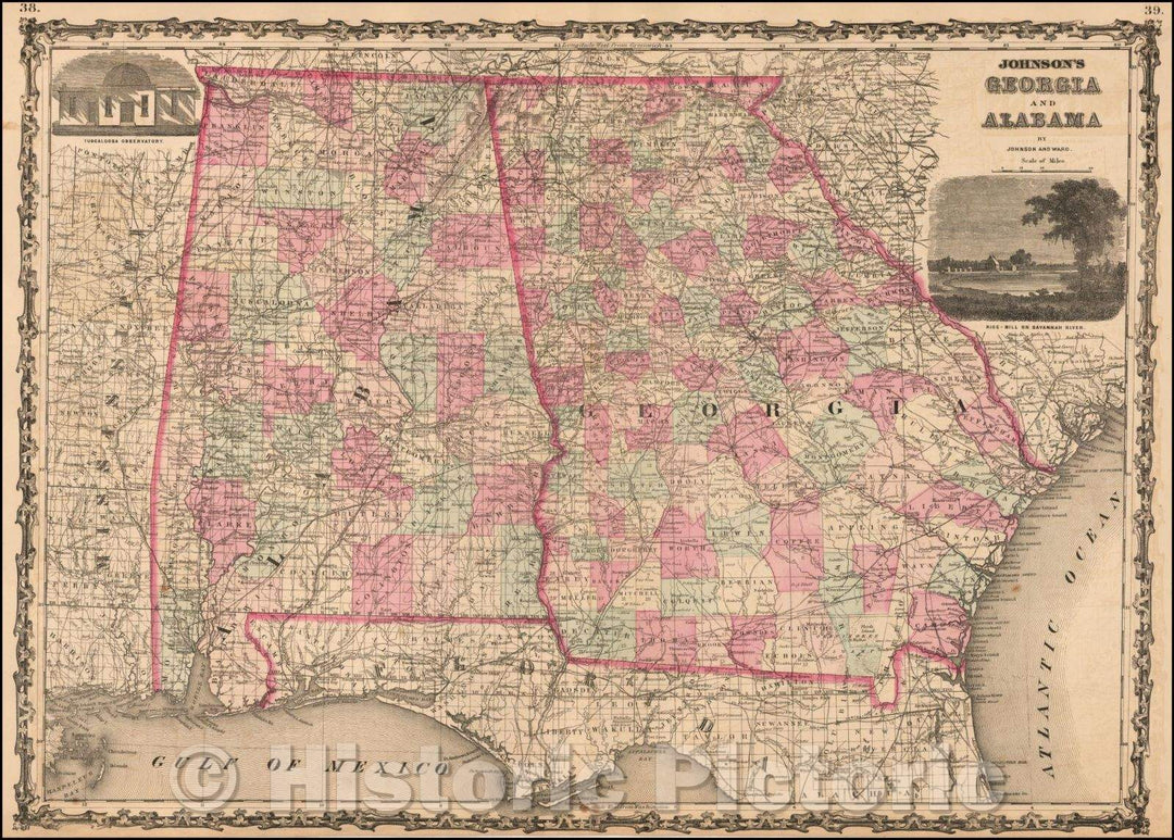 Historic Map - Johnson's Georgia and Alabama, 1862, Benjamin P Ward - Vintage Wall Art