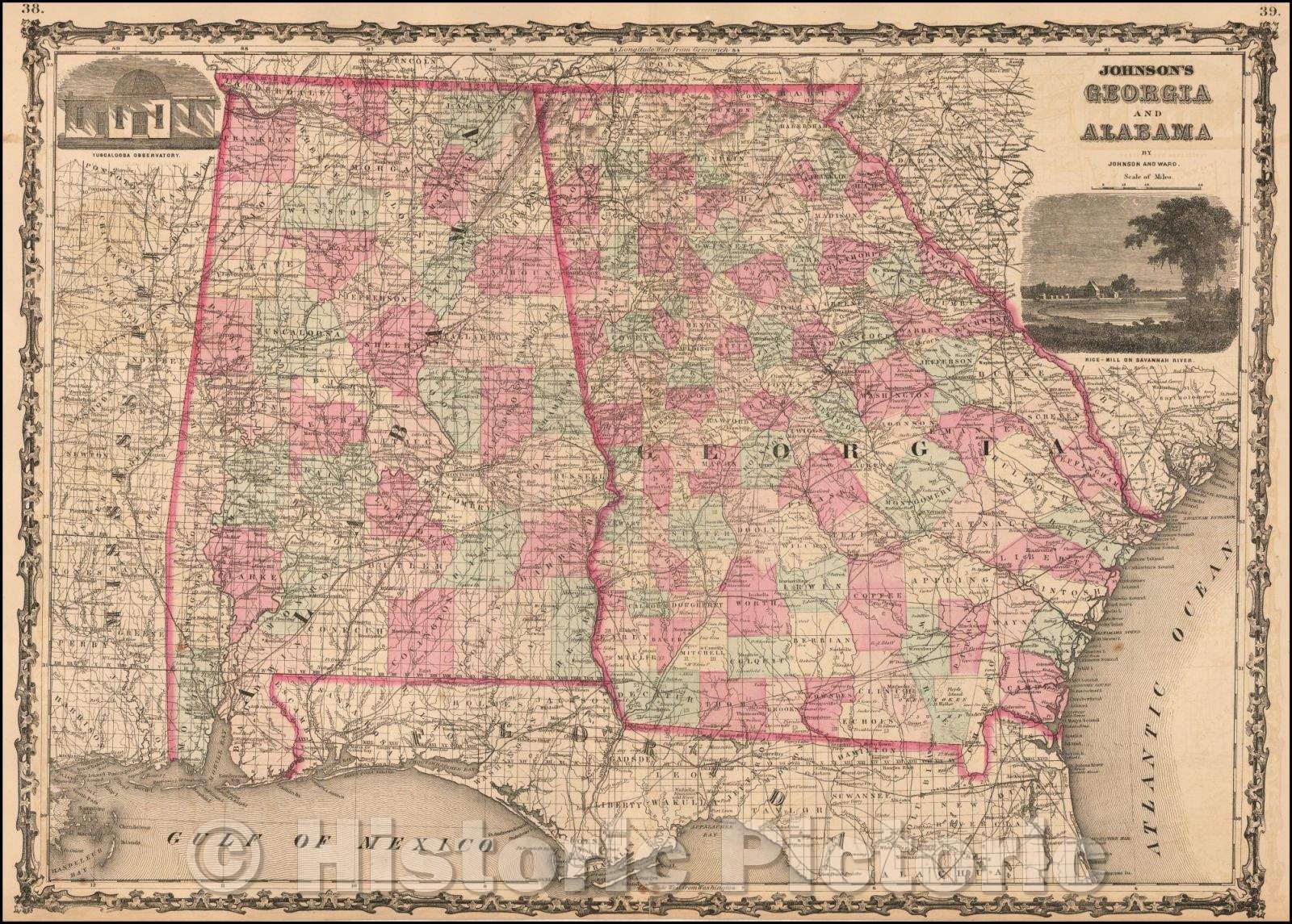 Historic Map - Johnson's Georgia and Alabama, 1862, Benjamin P Ward - Vintage Wall Art