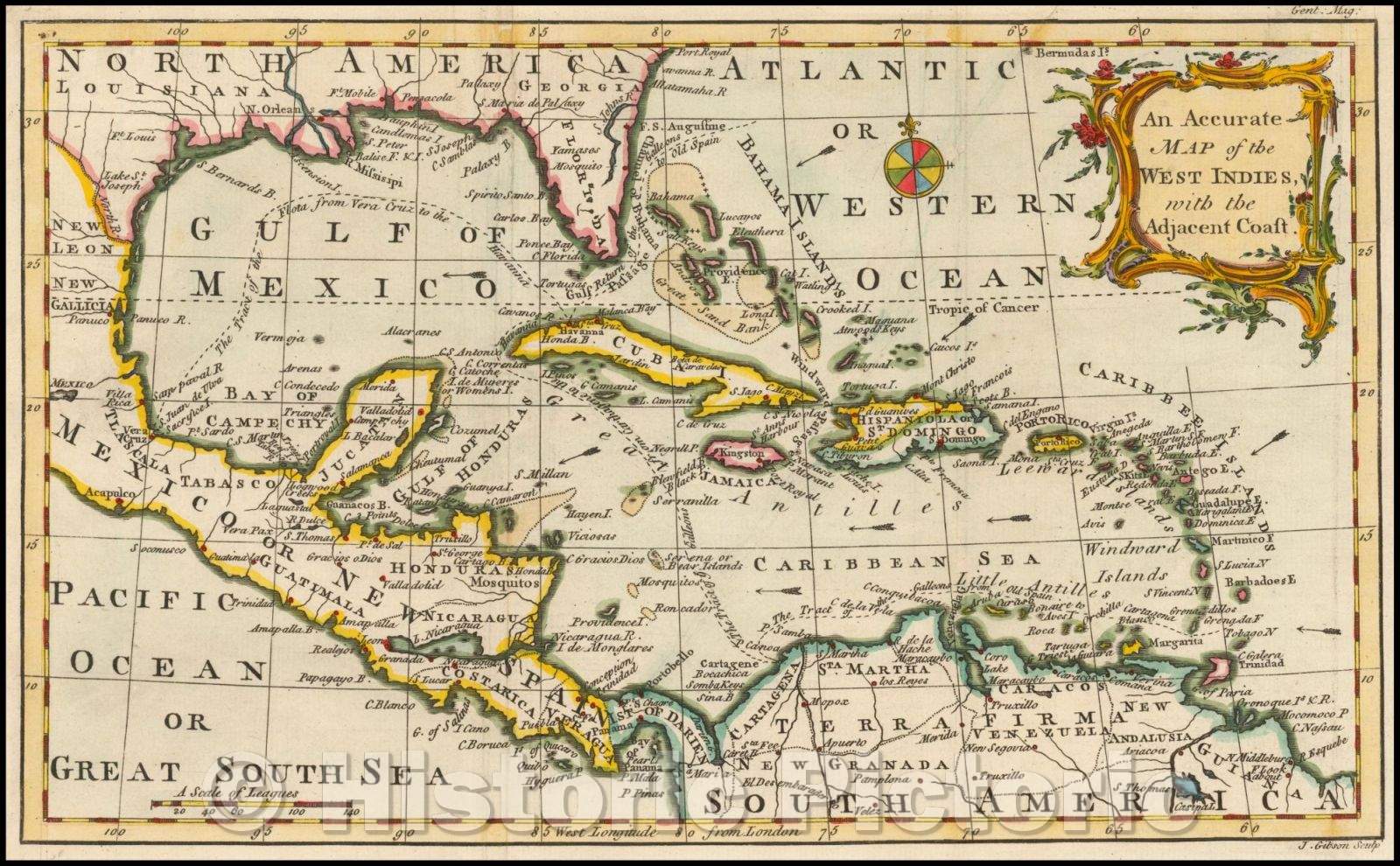 Historic Map - An Accurate Map of the West Indies with the Adjacent Coast, 1762, Gentleman's Magazine - Vintage Wall Art