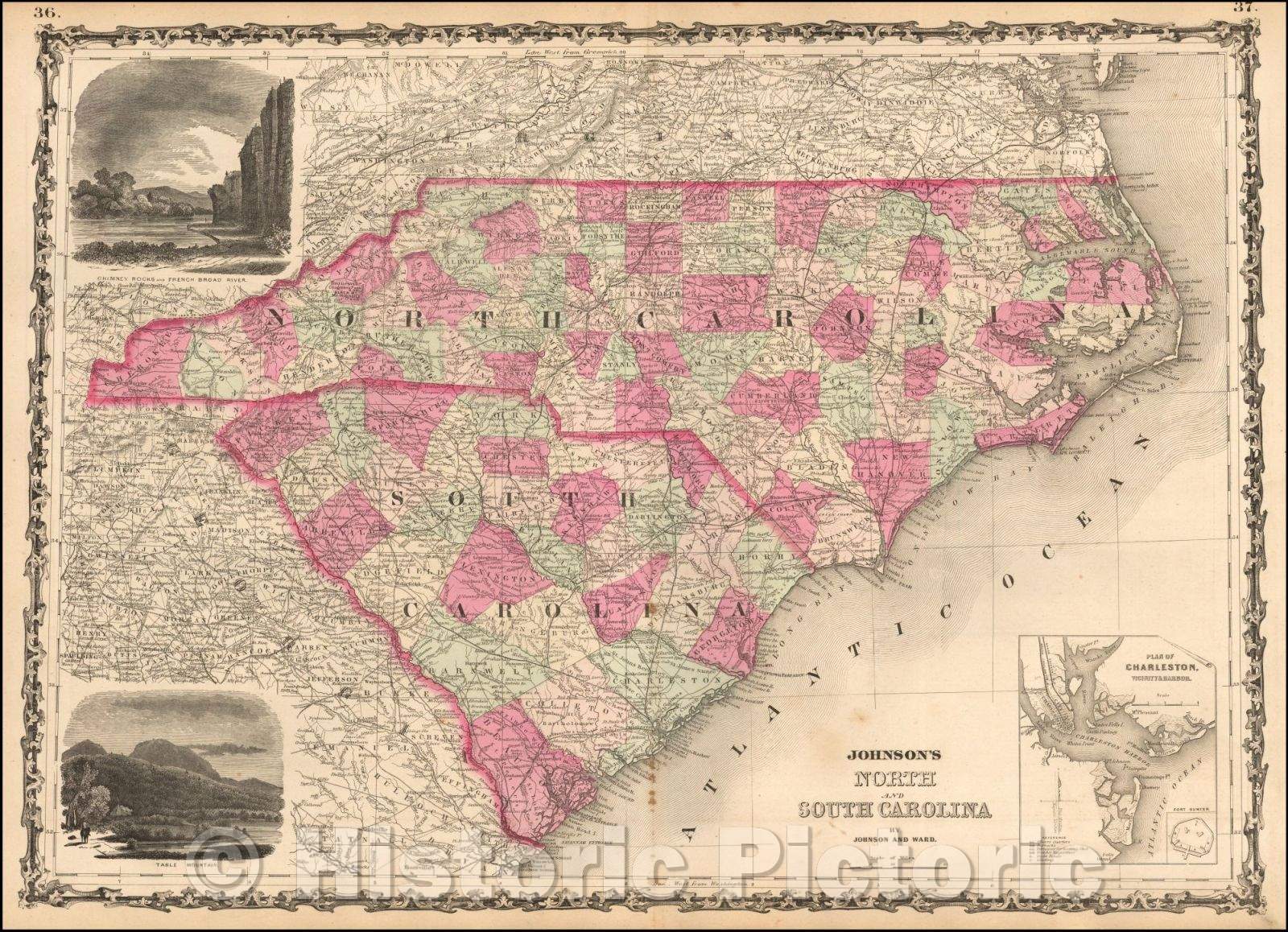 Historic Map - Johnson's North and South Carolina (with large inset of Charleston Harbor), 1863, Benjamin P Ward v1