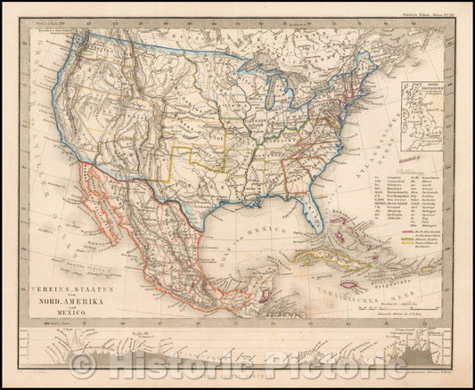 Historic Map - Vereins-Staaten von Nord-America und Mexico/German School Atlas Map of the United States, 1856, Adolf Stieler - Vintage Wall Art