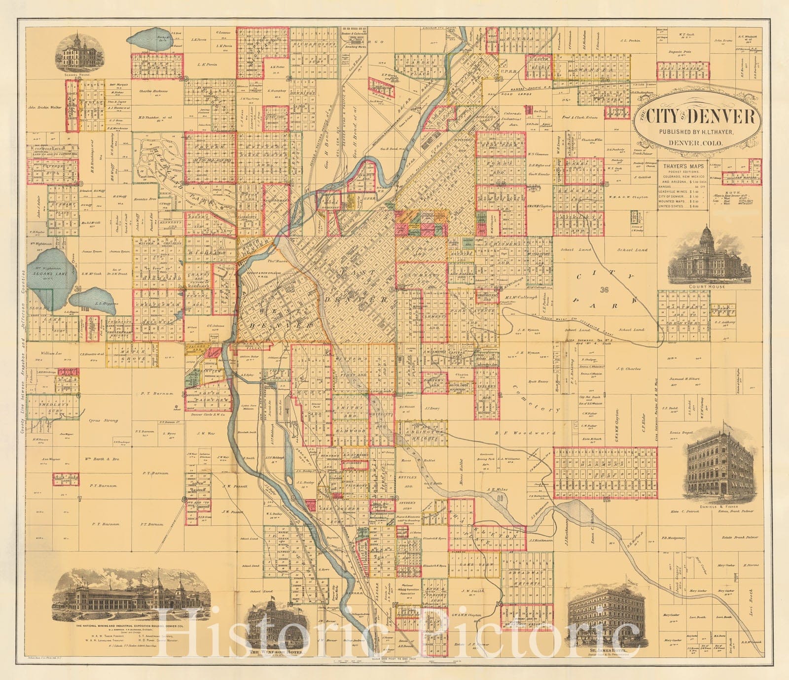 Historic Map - The City of Denver, 1883, H.L. Thayer - Vintage Wall Art