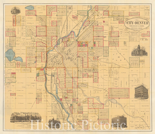 Historic Map - The City of Denver, 1883, H.L. Thayer - Vintage Wall Art