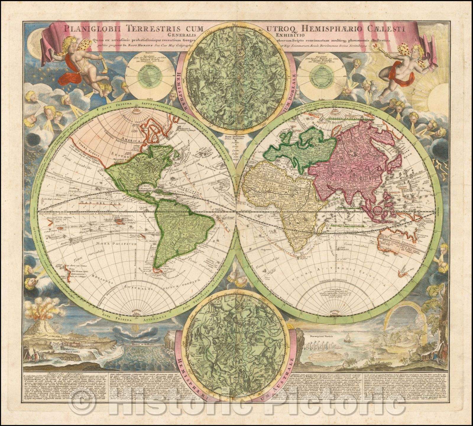 Historic Map - Planiglobii Terrestris Cum Utroq Hemisphaerio Caelesti Generalis Exhibitio, 1720, Johann Baptist Homann - Vintage Wall Art