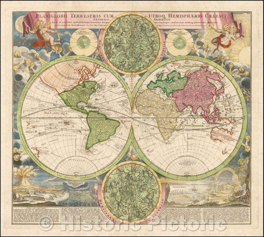 Historic Map - Planiglobii Terrestris Cum Utroq Hemisphaerio Caelesti Generalis Exhibitio, 1720, Johann Baptist Homann - Vintage Wall Art