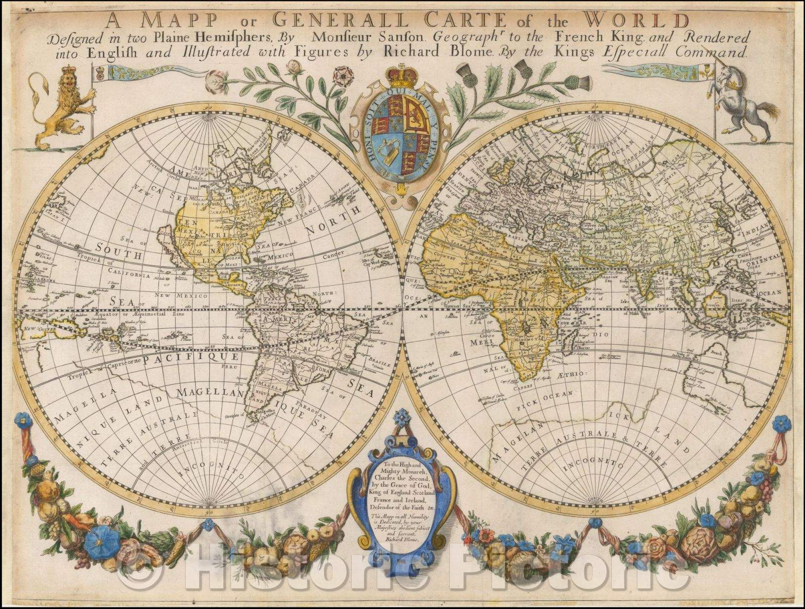 Historic Map - A Mapp or Generall Carte of the World Designed in two Plaine Hemisphers, 1671, Richard Blome - Vintage Wall Art