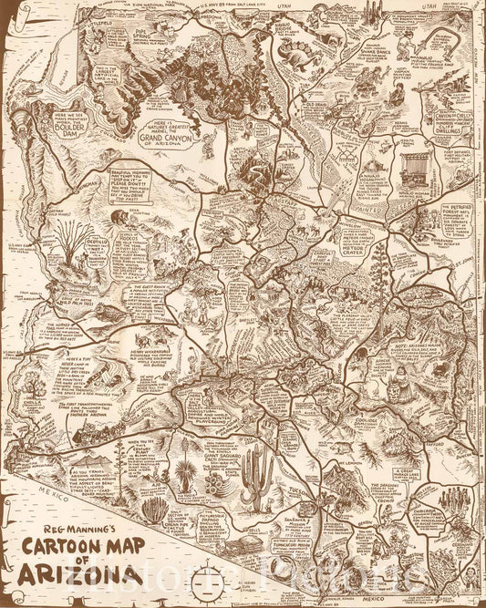 Arizona - Cartoon Map, 1938 | Reg Manning Historical Map Print