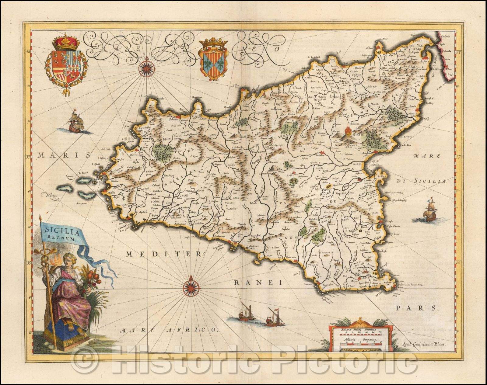 Historic Map - Sicilia Regnum, 1640, Willem Janszoon Blaeu - Vintage Wall Art