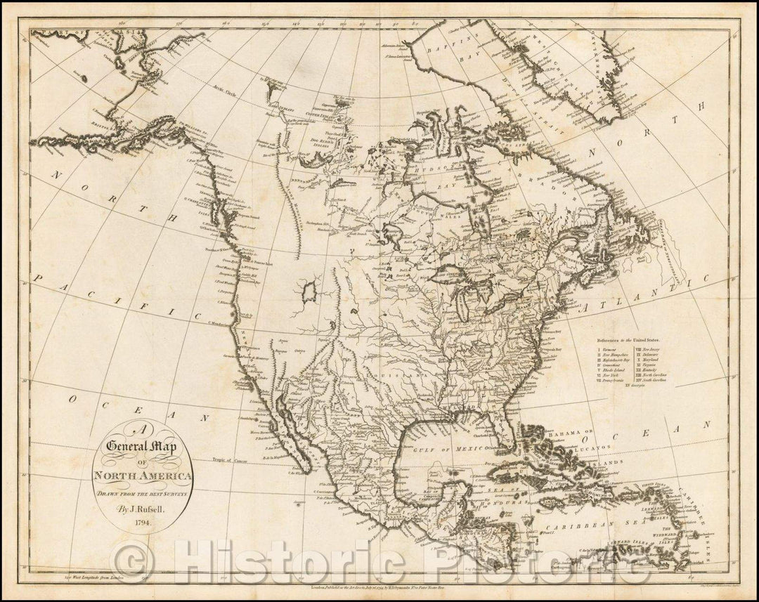 Historic Map - A General Map of North America, 1794, John Russell - Vintage Wall Art