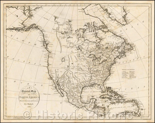 Historic Map - A General Map of North America, 1794, John Russell - Vintage Wall Art
