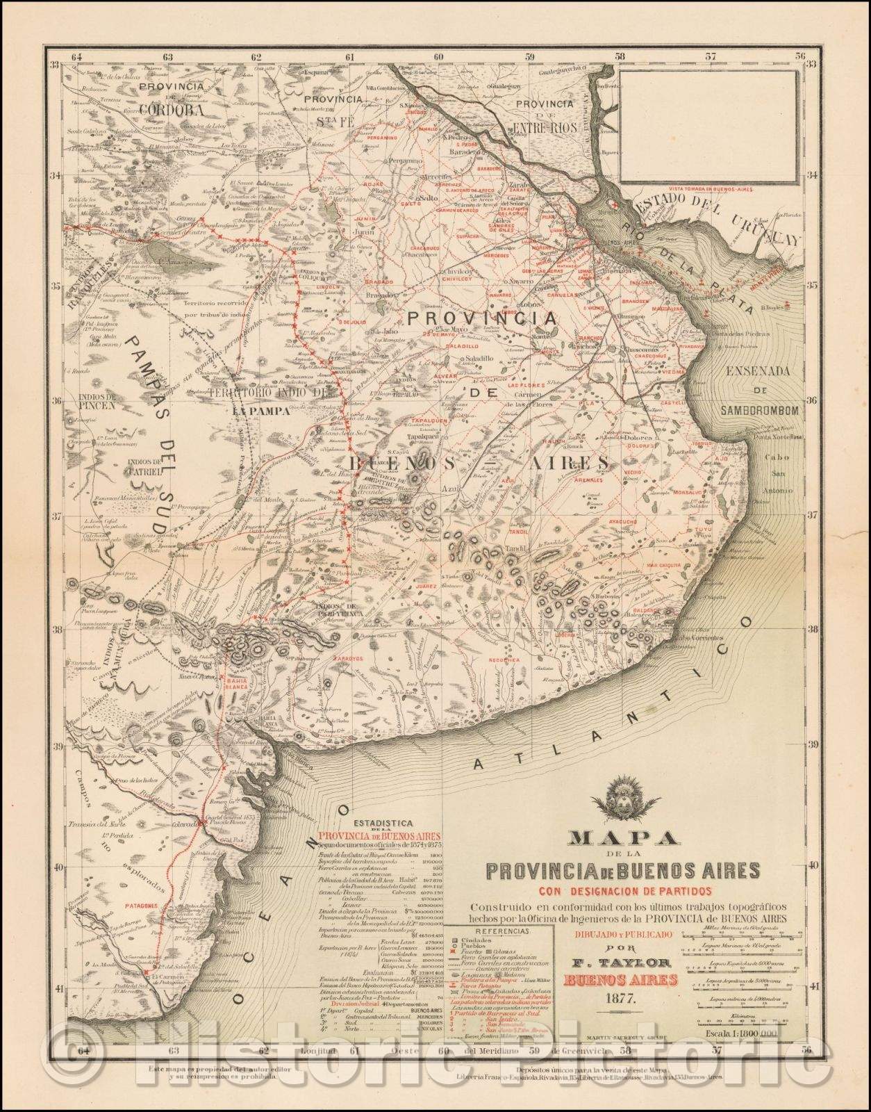 Historic Map - Mapa de la Provincia de Buenos Aires con designacion de partidos Construid :: Province of Buenos Aires, 1877 - Vintage Wall Art