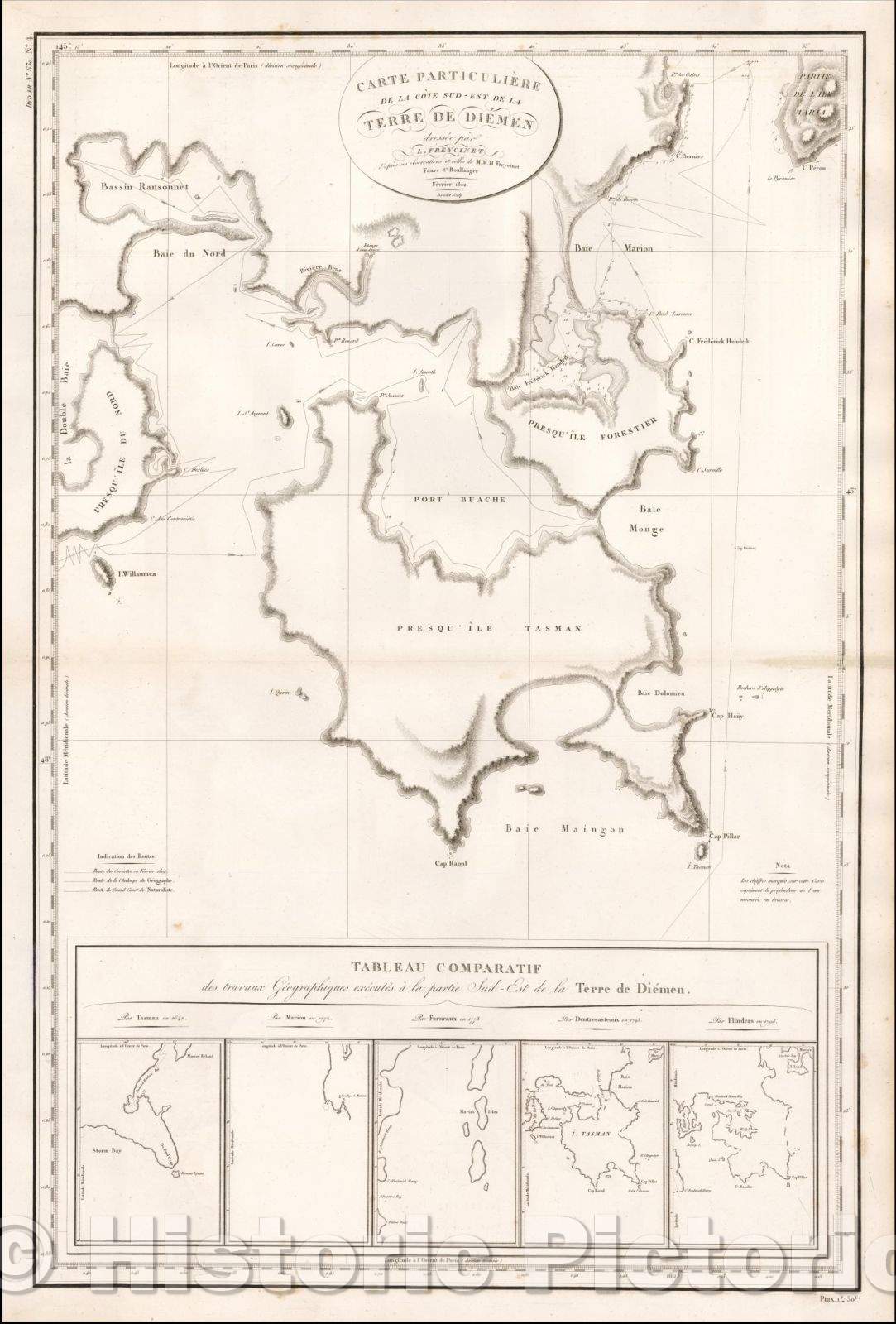Historic Map - (Tasmania) Carte Generale de la Terre de Diemen, Comprenant les decouvertes et les t :: Island of Tasmania, Van Diemen's Land, Hunter Islands, 1812 v2