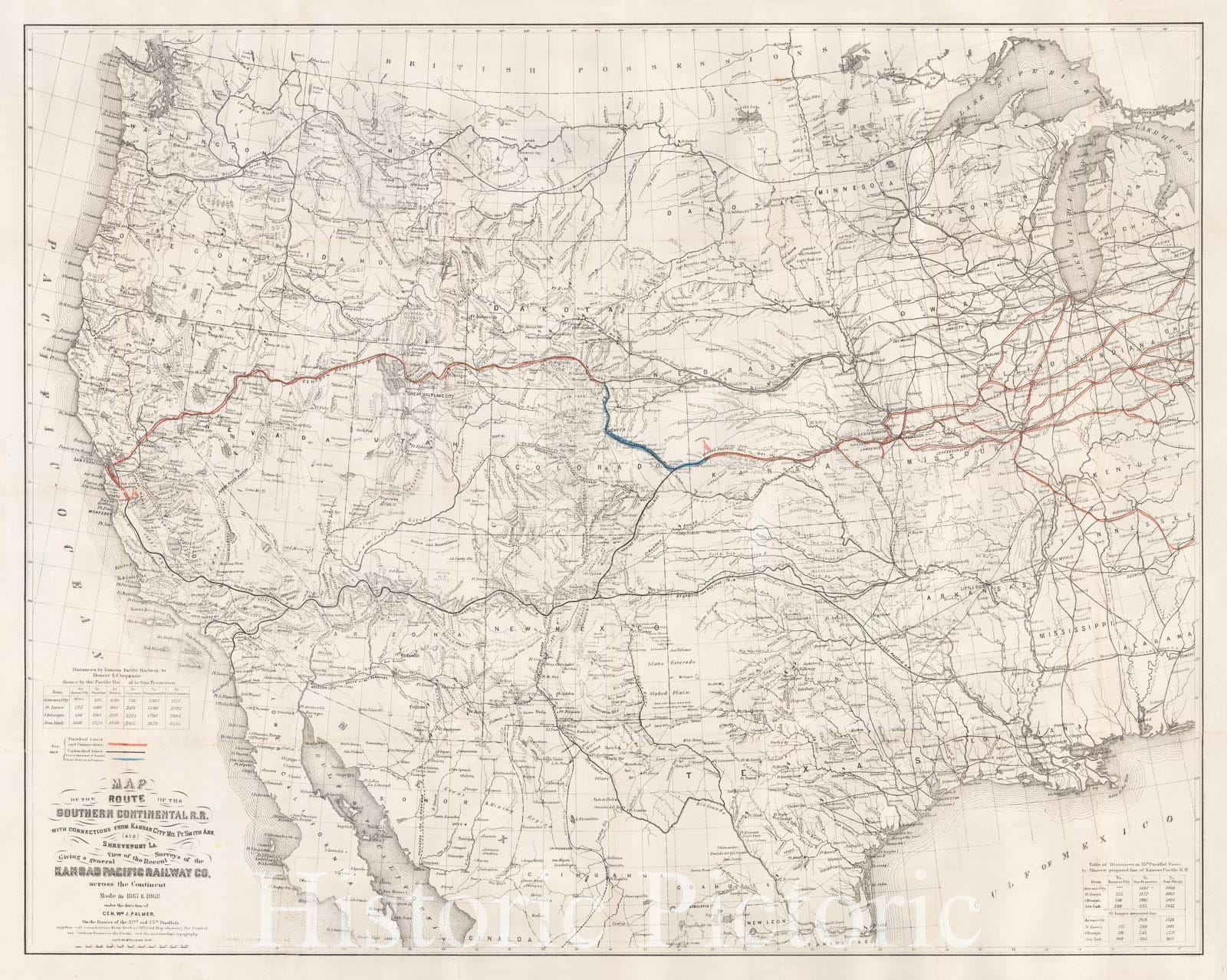 Historic Map - Map of the Route of The Southern Continental R.R. with Connections from Kansas City, Mo. Ft. Smith Ark. and Shreveport La, 1869 - Vintage Wall Art