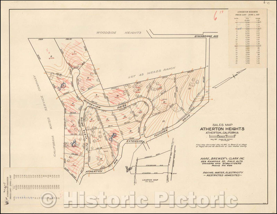 Historic Map - Sales Map Atherton Heights Atherton California, 1937, Hare, Brewer and Clark Inc. - Vintage Wall Art